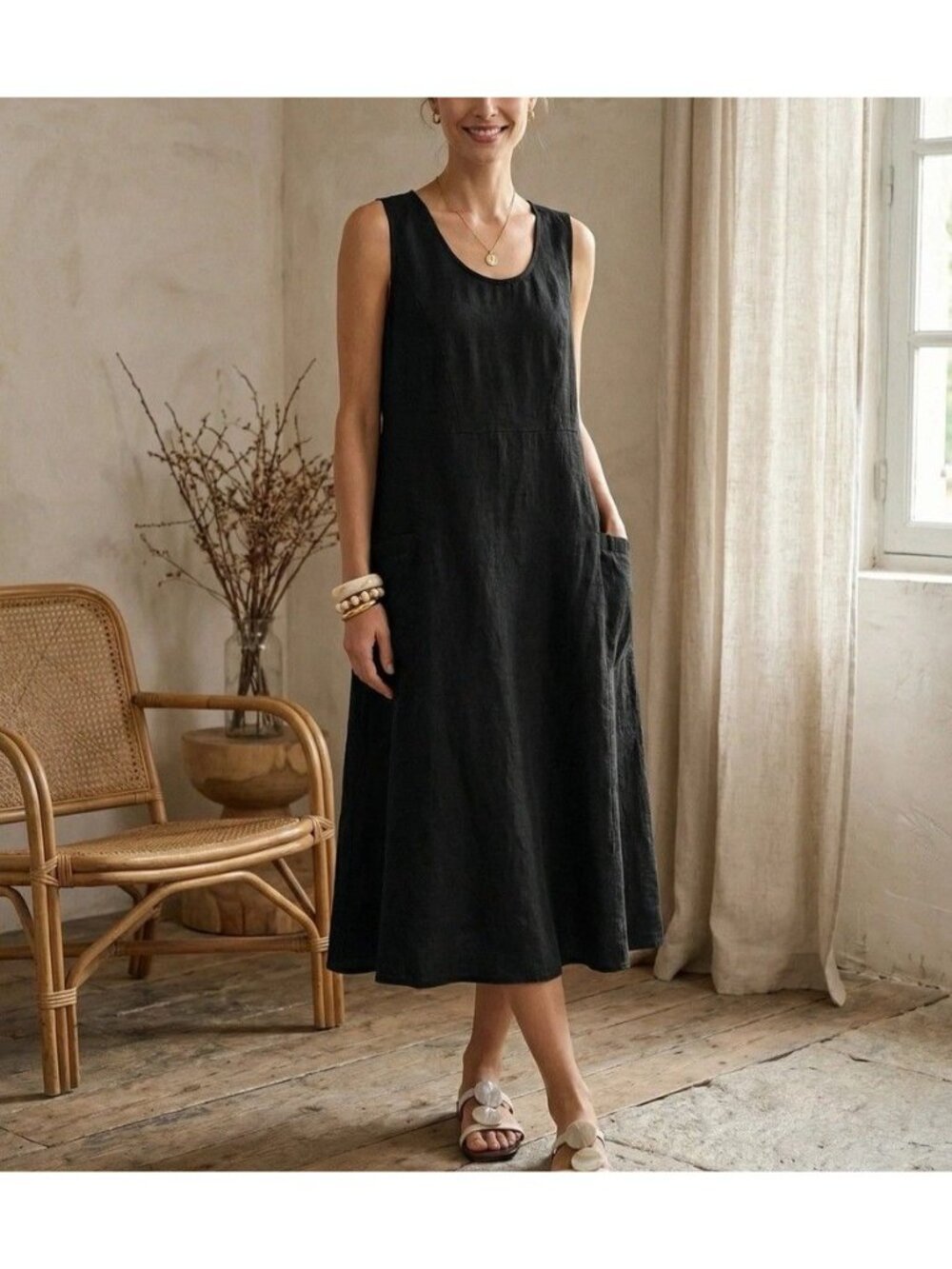 Lintico Womens Size XXL Swing Tank DressBlack Linen With Side Pockets Lagenlook